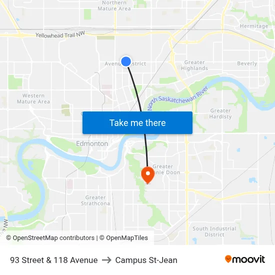 93 Street & 118 Avenue to Campus St-Jean map