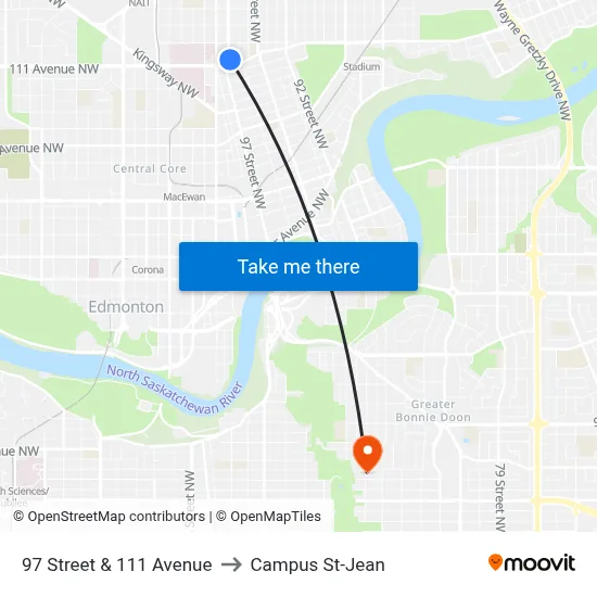 97 Street & 111 Avenue to Campus St-Jean map