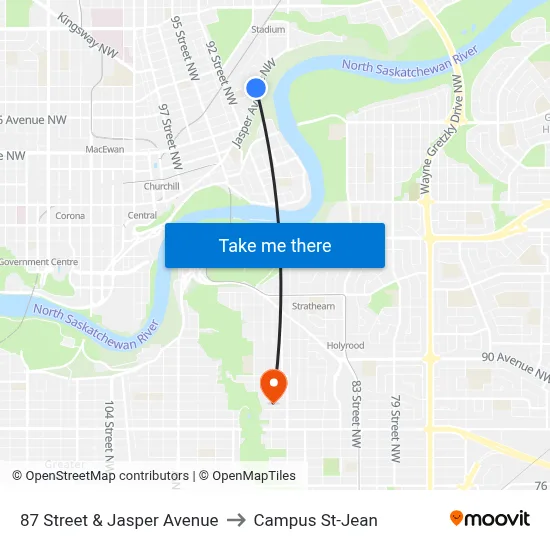 87 Street & Jasper Avenue to Campus St-Jean map