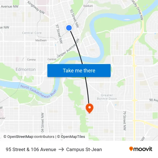 95 Street & 106 Avenue to Campus St-Jean map