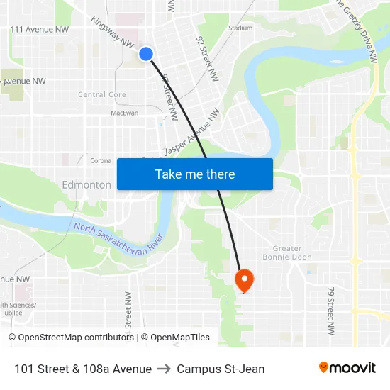 101 Street & 108a Avenue to Campus St-Jean map