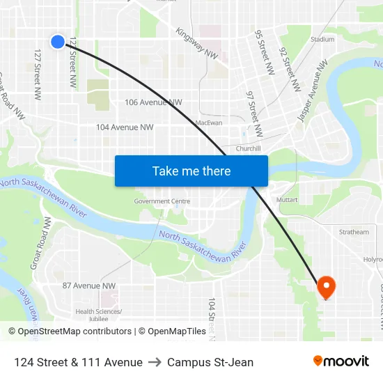 124 Street & 111 Avenue to Campus St-Jean map