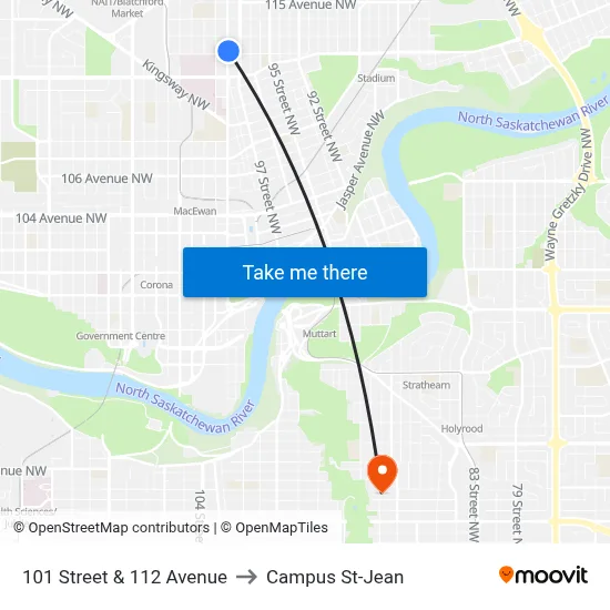 101 Street & 112 Avenue to Campus St-Jean map