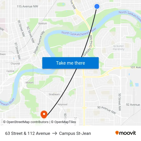 63 Street & 112 Avenue to Campus St-Jean map