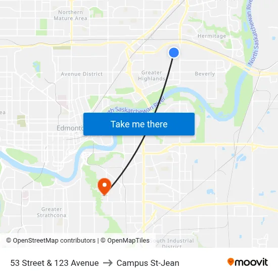 53 Street & 123 Avenue to Campus St-Jean map