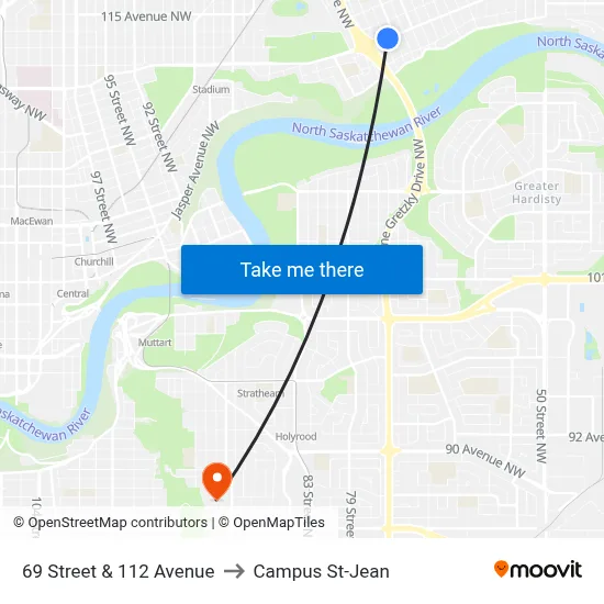 69 Street & 112 Avenue to Campus St-Jean map
