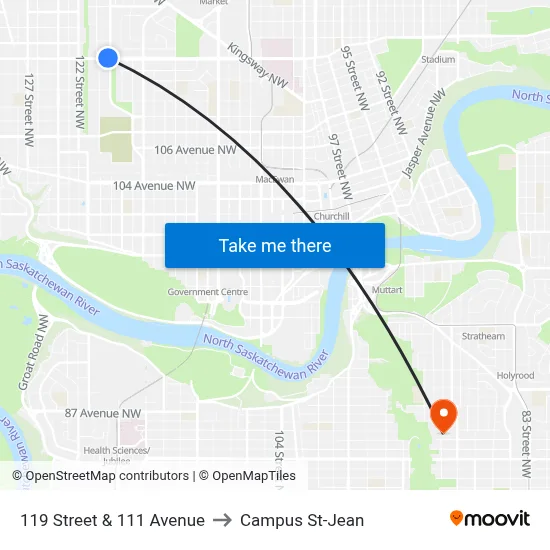 119 Street & 111 Avenue to Campus St-Jean map