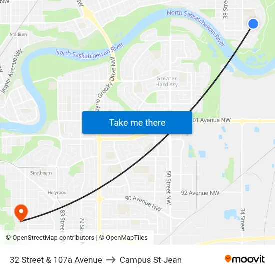 32 Street & 107a Avenue to Campus St-Jean map