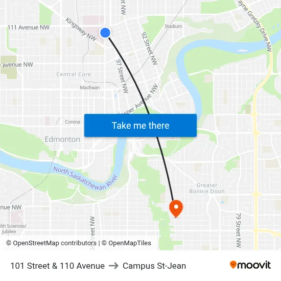 101 Street & 110 Avenue to Campus St-Jean map