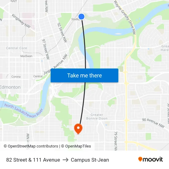 82 Street & 111 Avenue to Campus St-Jean map