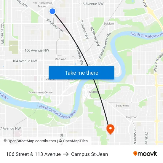 106 Street & 113 Avenue to Campus St-Jean map