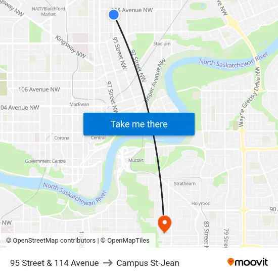 95 Street & 114 Avenue to Campus St-Jean map