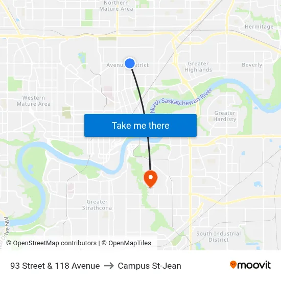 93 Street & 118 Avenue to Campus St-Jean map
