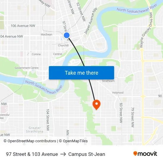 97 Street & 103 Avenue to Campus St-Jean map