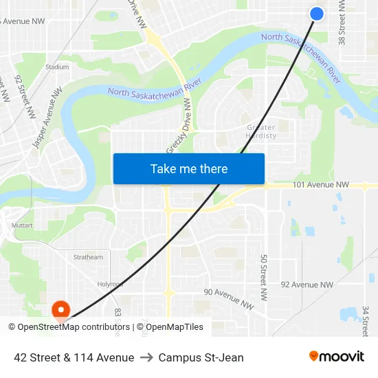 42 Street & 114 Avenue to Campus St-Jean map