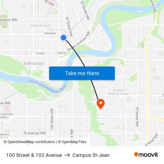 100 Street & 103 Avenue to Campus St-Jean map