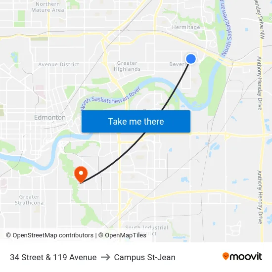 34 Street & 119 Avenue to Campus St-Jean map