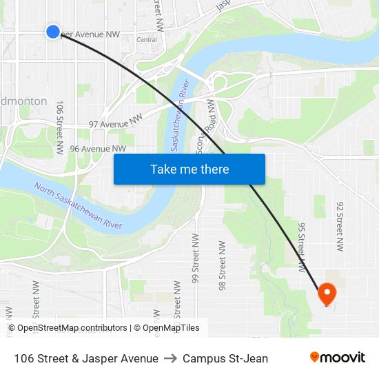 106 Street & Jasper Avenue to Campus St-Jean map