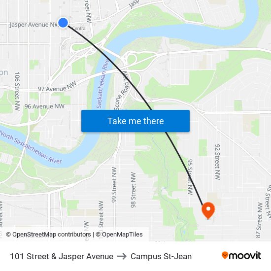 101 Street & Jasper Avenue to Campus St-Jean map