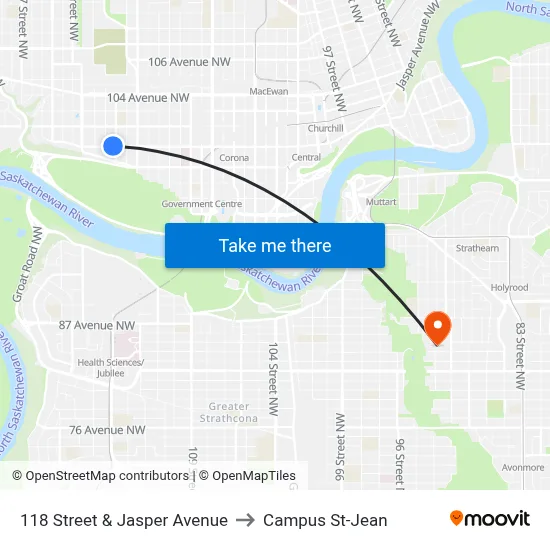 118 Street & Jasper Avenue to Campus St-Jean map