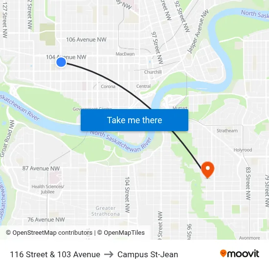 116 Street & 103 Avenue to Campus St-Jean map