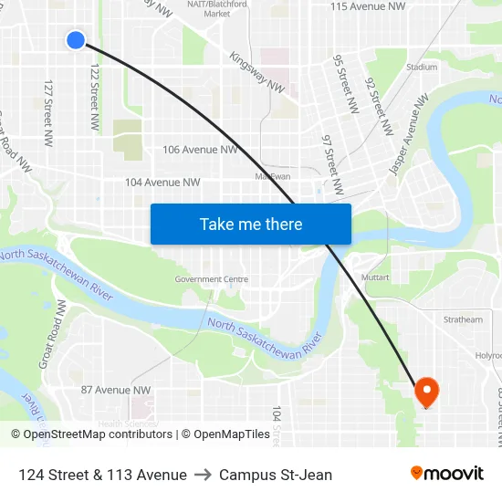 124 Street & 113 Avenue to Campus St-Jean map