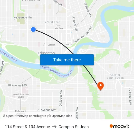114 Street & 104 Avenue to Campus St-Jean map