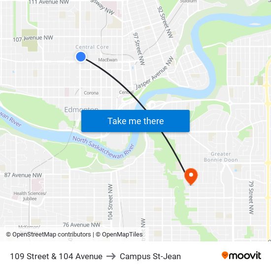 109 Street & 104 Avenue to Campus St-Jean map