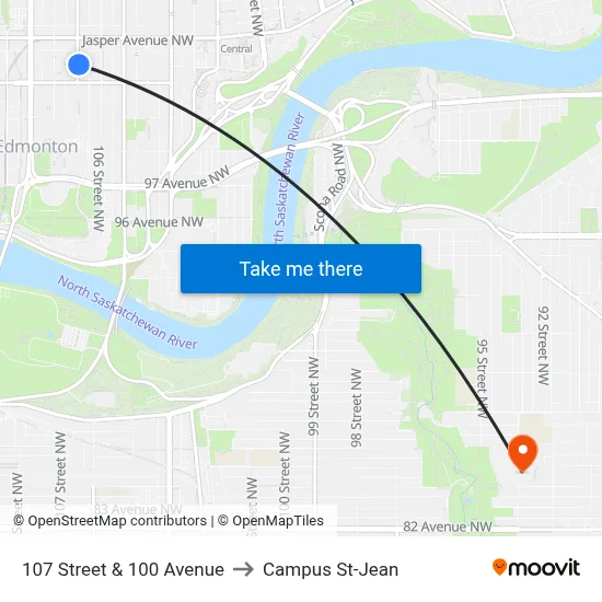 107 Street & 100 Avenue to Campus St-Jean map