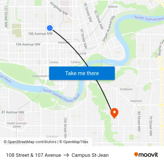 108 Street & 107 Avenue to Campus St-Jean map