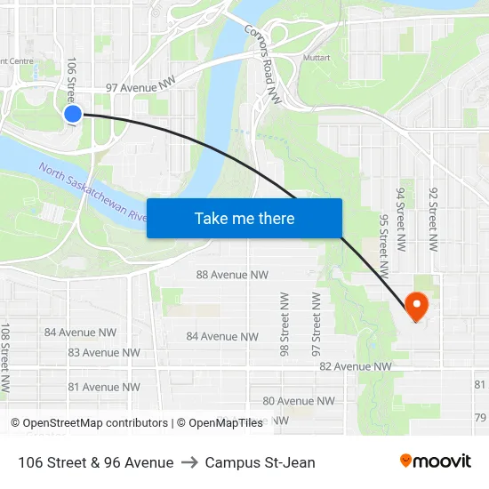 106 Street & 96 Avenue to Campus St-Jean map