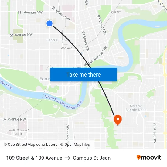 109 Street & 109 Avenue to Campus St-Jean map