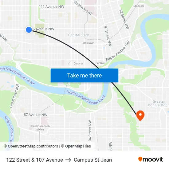 122 Street & 107 Avenue to Campus St-Jean map