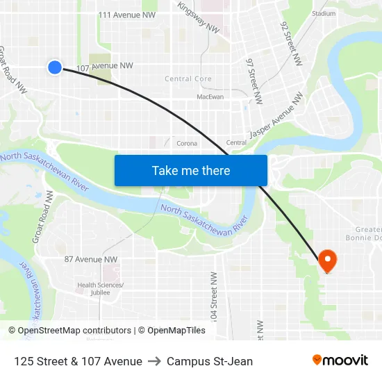 125 Street & 107 Avenue to Campus St-Jean map