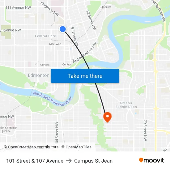 101 Street & 107 Avenue to Campus St-Jean map