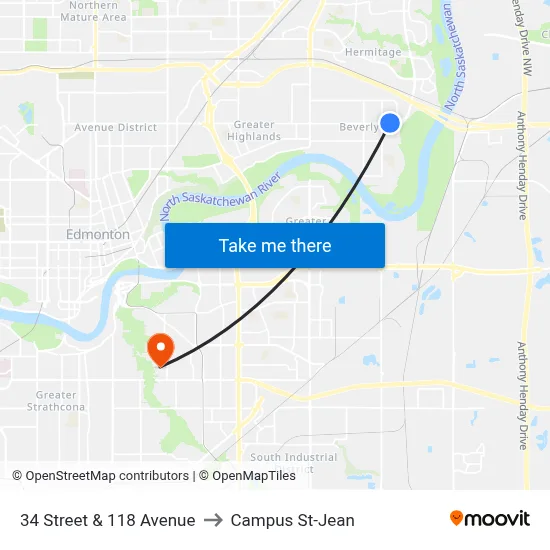 34 Street & 118 Avenue to Campus St-Jean map