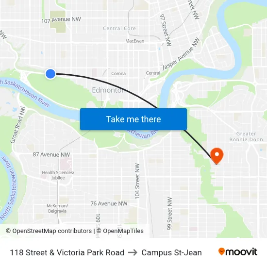 118 Street & Victoria Park Road to Campus St-Jean map