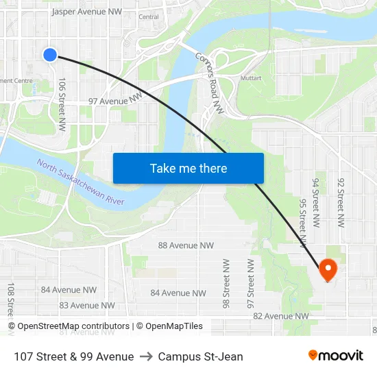 107 Street & 99 Avenue to Campus St-Jean map