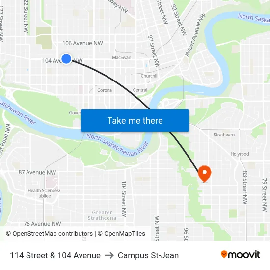 114 Street & 104 Avenue to Campus St-Jean map