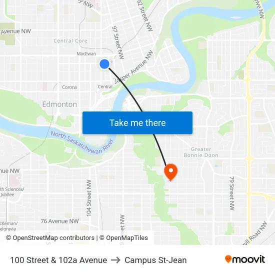 100 Street & 102a Avenue to Campus St-Jean map