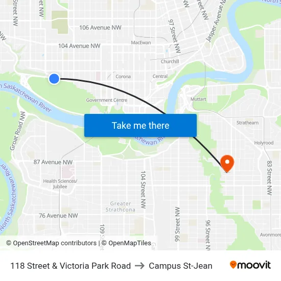 118 Street & Victoria Park Road to Campus St-Jean map
