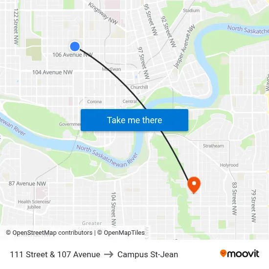 111 Street & 107 Avenue to Campus St-Jean map