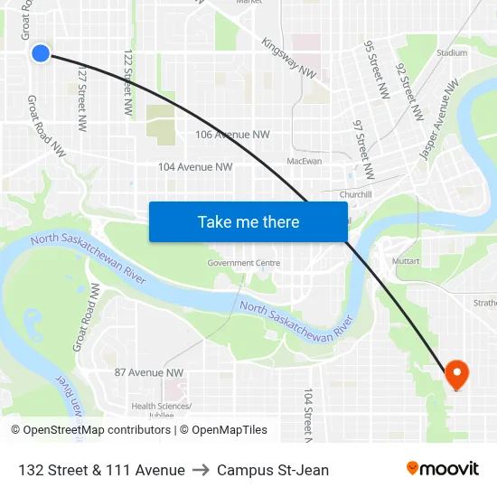 132 Street & 111 Avenue to Campus St-Jean map