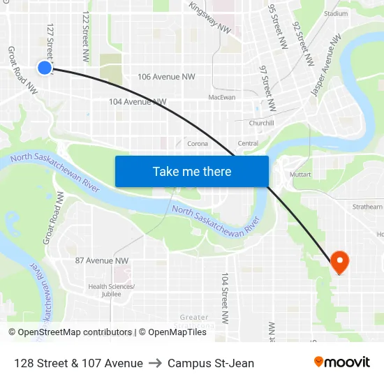 128 Street & 107 Avenue to Campus St-Jean map