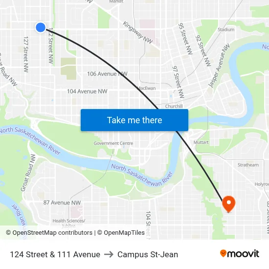 124 Street & 111 Avenue to Campus St-Jean map