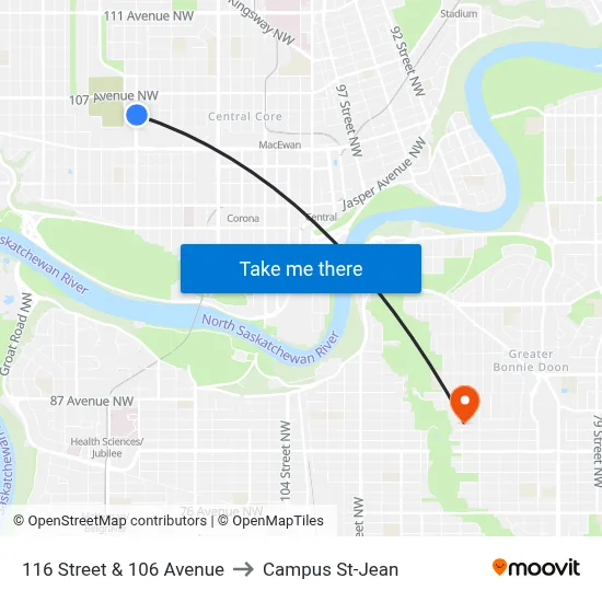 116 Street & 106 Avenue to Campus St-Jean map