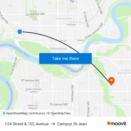 124 Street & 102 Avenue to Campus St-Jean map
