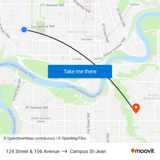 124 Street & 106 Avenue to Campus St-Jean map