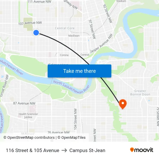 116 Street & 105 Avenue to Campus St-Jean map