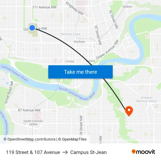 119 Street & 107 Avenue to Campus St-Jean map